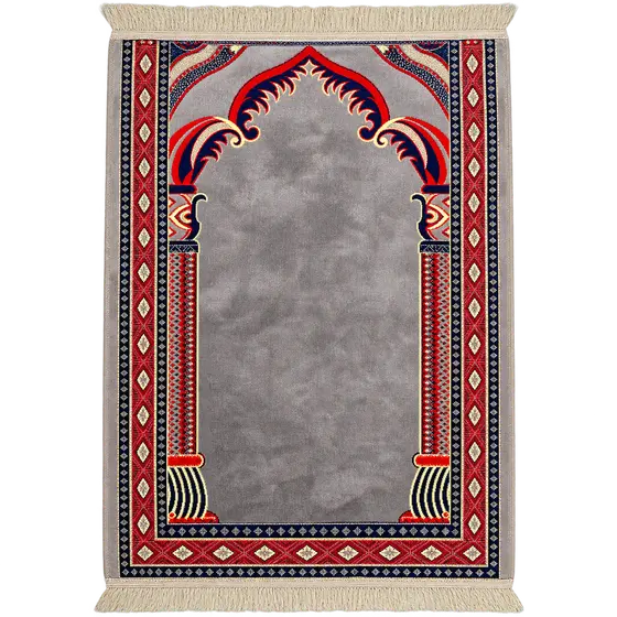Grey Mihrab Arch Fringed Prayer Mat