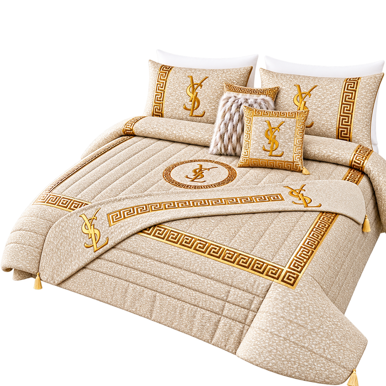 Beige and Gold Luxury Quilted Bedspread Set